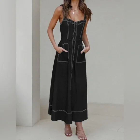 NWOT Denim Dress Sleeveless Adjustable Straps A Line Maxi Dress with Pockets - Picture 6 of 15